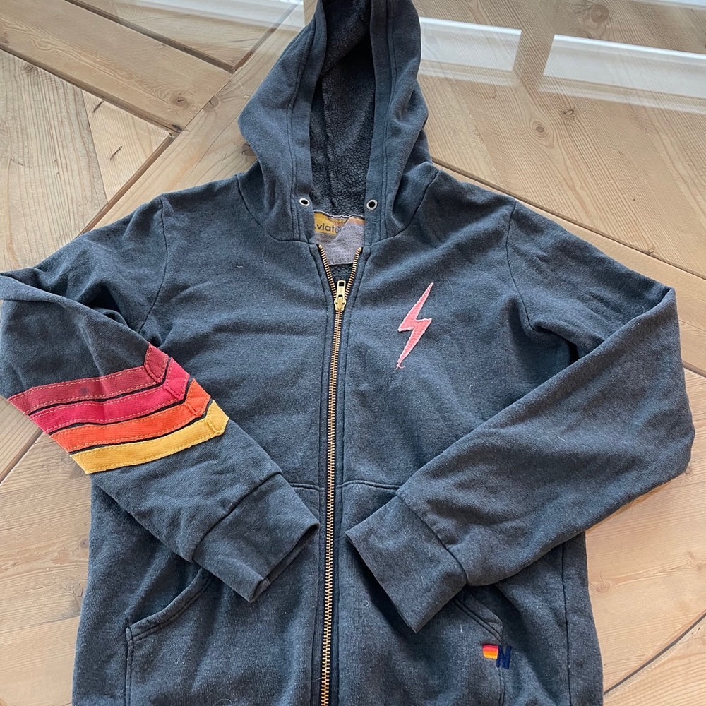 Aviator Nation sleeve striped arm and lighting bolt zip up